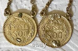 Antique Mexico Gold 1920 Dos Pesos Coin Earrings Drop From 14K pierced Settings