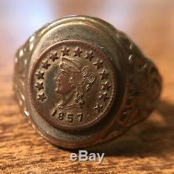 Antique Solid 14 Karat Gold Fine Jewelry Ring with 1857 Coin, 11.24g Scrap or Wear