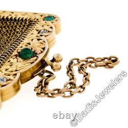 Antique Solid 18k Gold 1.95ct Emerald & Diamond Etched Foliate Mesh Coin Purse