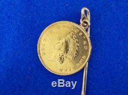 Antique Stick Pin W 10k Yellow Gold Bar And 1855 1 Dollar Us Coin Stick Pin