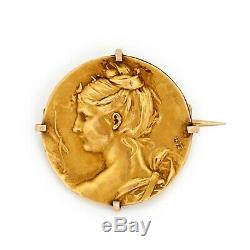 Antique Vintage Art Nouveau 18k Yellow Gold Louis Rault Coin Medal Pin Brooch