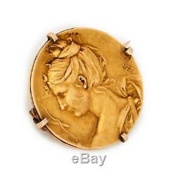 Antique Vintage Art Nouveau 18k Yellow Gold Louis Rault Coin Medal Pin Brooch