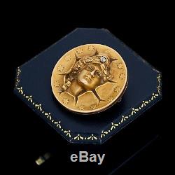 Antique Vintage Nouveau 10k Gold Diamond Pop Out Coin Lady Liberty Locket Brooch