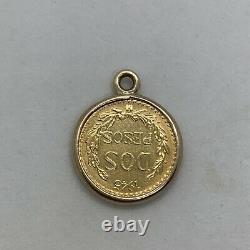 Antique vintage 1945 Dos Pesos gold coin pendant 14k yellow bezel charm medal