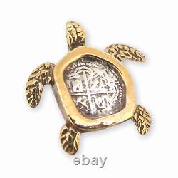 Atocha Small Fine Silver Coin Sterling Silver Gold Overlay Turtle Pendant 4.4g