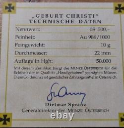 Austria 2000 J. Christentum Birth of Christ, 500 ATS Gold Coin 10 gr fine gold