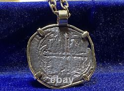 Authentic Silver Spanish Shipwreck Cob Coin, 4-reales, in Custom 14k Gold Bezel