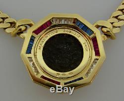 BULGARI Diamond Ruby Sapphire Yellow Gold Coin Pendant NECKLACE Signed 1970s