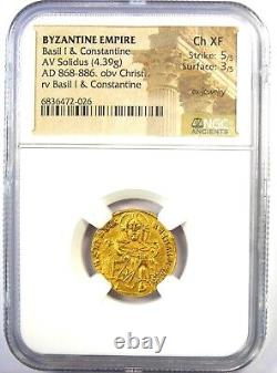 Basil I and Constantine AV Solidus Gold Coin 868-886 AD NGC Choice XF (EF)