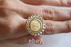Bullion 1945 Mexico Dos Pesos coin ring 14k gold woven frame size 8