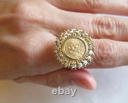 Bullion 1945 Mexico Dos Pesos coin ring 14k gold woven frame size 8