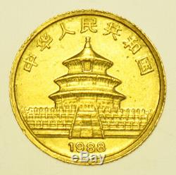 CHINA 10 YUAN, 1/10th OZ. 999 FINE GOLD PANDA, 1988 GOLD COIN EF