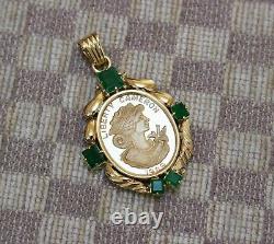 CREDIT SUISSE 20g FINE GOLD 1989 CAMERON COIN SET IN 18K GOLD & EMERALD PENDANT