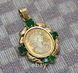 CREDIT SUISSE 20g FINE GOLD 1989 CAMERON COIN SET IN 18K GOLD & EMERALD PENDANT