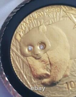 China 1/4 oz. 999 Fine Gold Panda Coin with diamond eyes in 14k Pendant Bezel