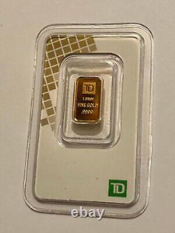 Classic 1 gram TD Bank. 9999 Fine Gold Minted Bar in Tamper-Resistant Card