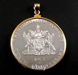 Coin Pendant 1972 Trinidad and Tobago Silver $10 Anniversary Coin 14K Gold Bezel