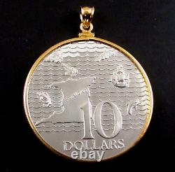 Coin Pendant 1972 Trinidad and Tobago Silver $10 Anniversary Coin 14K Gold Bezel