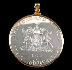 Coin Pendant 1972 Trinidad and Tobago Silver $10 Anniversary Coin 14K Gold Bezel