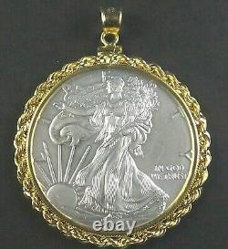 Coin Pendant 2021 1 oz Fine American Silver Eagle Dollar Gold Filled Rope Bezel