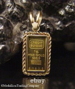 Credit Suisse 1 Gram Fine. 999 Bullion Gold Bar 24k 14K Rope Gold Bezel Pendant