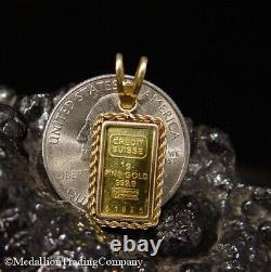 Credit Suisse 1 Gram Fine. 999 Bullion Gold Bar 24k 14K Rope Gold Bezel Pendant
