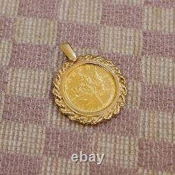 ESTATE 1/10oz 9999 FINE GOLD 1985 MAPLE LEAF COIN SET IN 14K GOLD ROPE PENDANT