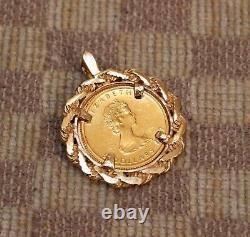 ESTATE 1/10oz 9999 FINE GOLD 1987 MAPLE LEAF COIN SET IN 14K GOLD ROPE PENDANT