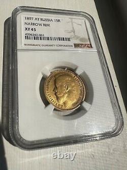 EXTRA FINE NARROW RIM 1897? Russia 15 Rouble Gold Coin NGC XF45 UNDERRATED