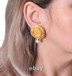 Elizabeth Gage Gold Ancient Coin Pearl Earrings