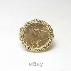 Estate 14K Yellow Gold Ring Holding 5 Dollar 24K Fine Gold Eagle 1987 Coin