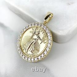 FINE 1.9Ct Round Created Diamond Lady Liberty Coin Pendant 14K Yellow SILVER
