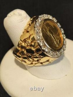 FINE REAL 2. Ct Moissanite Men's Liberty Coin Ring 14K Yellow Gold-Plated Silver