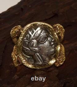 Fantastic Vintage 18k Yellow Gold Athenian Owl Coin Serpent Motif Handmade Ring