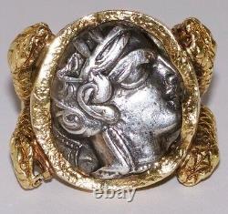 Fantastic Vintage 18k Yellow Gold Athenian Owl Coin Serpent Motif Handmade Ring