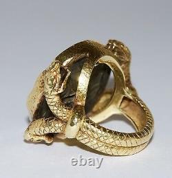 Fantastic Vintage 18k Yellow Gold Athenian Owl Coin Serpent Motif Handmade Ring