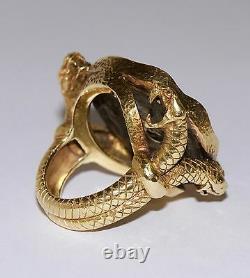 Fantastic Vintage 18k Yellow Gold Athenian Owl Coin Serpent Motif Handmade Ring