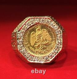 Fine 14K Yellow Gold Diamonds 1945 Dos Pesos Gold Coin Ring Size 6.75