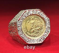 Fine 14K Yellow Gold Diamonds 1945 Dos Pesos Gold Coin Ring Size 6.75