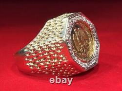 Fine 14K Yellow Gold Diamonds 1945 Dos Pesos Gold Coin Ring Size 6.75