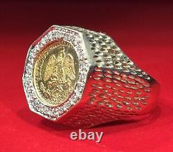 Fine 14K Yellow Gold Diamonds 1945 Dos Pesos Gold Coin Ring Size 6.75