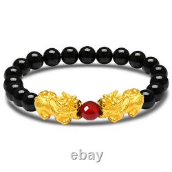 Fine Pure 24K Yellow Gold 3D Coin Pixiu 8mmW Black Agate Bead Unisex Bracelet 2g