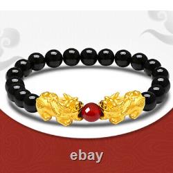 Fine Pure 24K Yellow Gold 3D Coin Pixiu 8mmW Black Agate Bead Unisex Bracelet 2g