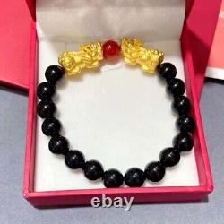 Fine Pure 24K Yellow Gold 3D Coin Pixiu 8mmW Black Agate Bead Unisex Bracelet 2g