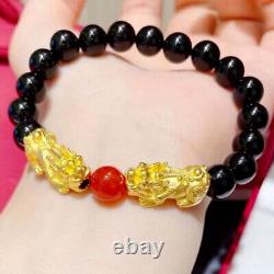 Fine Pure 24K Yellow Gold 3D Coin Pixiu 8mmW Black Agate Bead Unisex Bracelet 2g