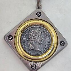 Fine Silver 18k Gold Ancient Coin Pendant Necklace Roman Emperor