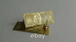 Fine Solid Metal One Hundred Dollar Bill Money Stud Earrings Yellow Gold plated