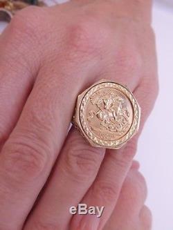 Fine solid 9ct/9k gold large St. George & the dragon coin ring, 375