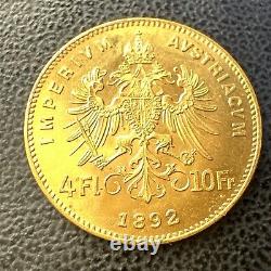 GEM BU 1892 Fine. 900 Gold Coin Austria BU+ UNC 4 Florins 10 Francs AGW. 0933