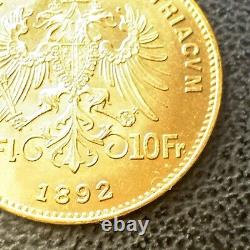 GEM BU 1892 Fine. 900 Gold Coin Austria BU+ UNC 4 Florins 10 Francs AGW. 0933